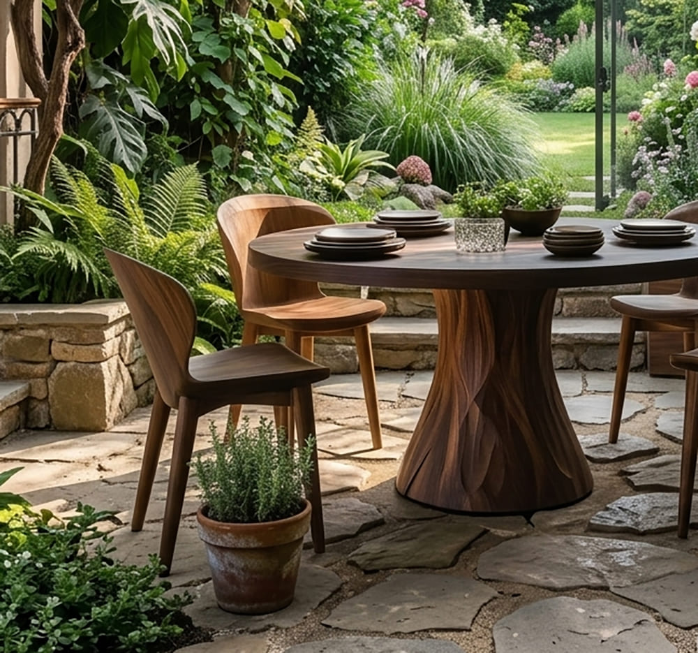 Organic solid wood dining table featuring a handcrafted round design for outdoor spaces