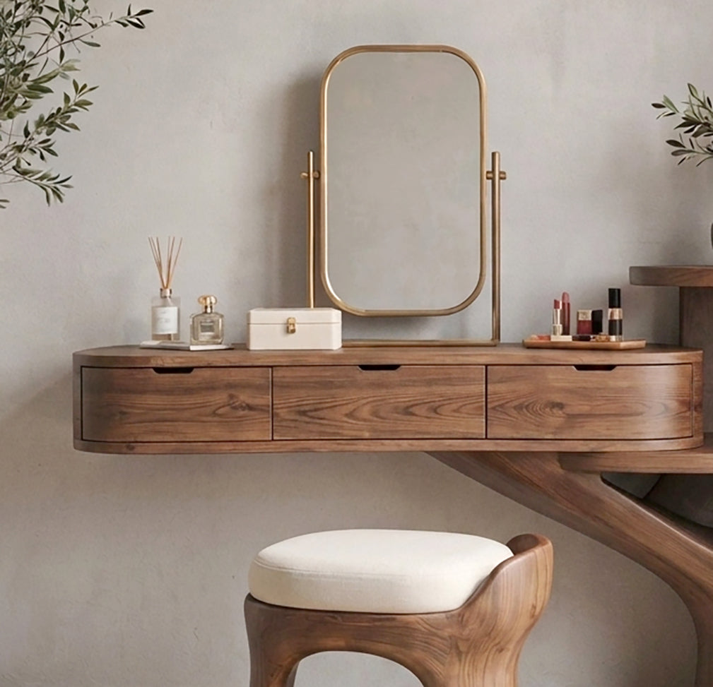 Modern Japandi makeup table featuring handcrafted solid wood construction and sculptural details