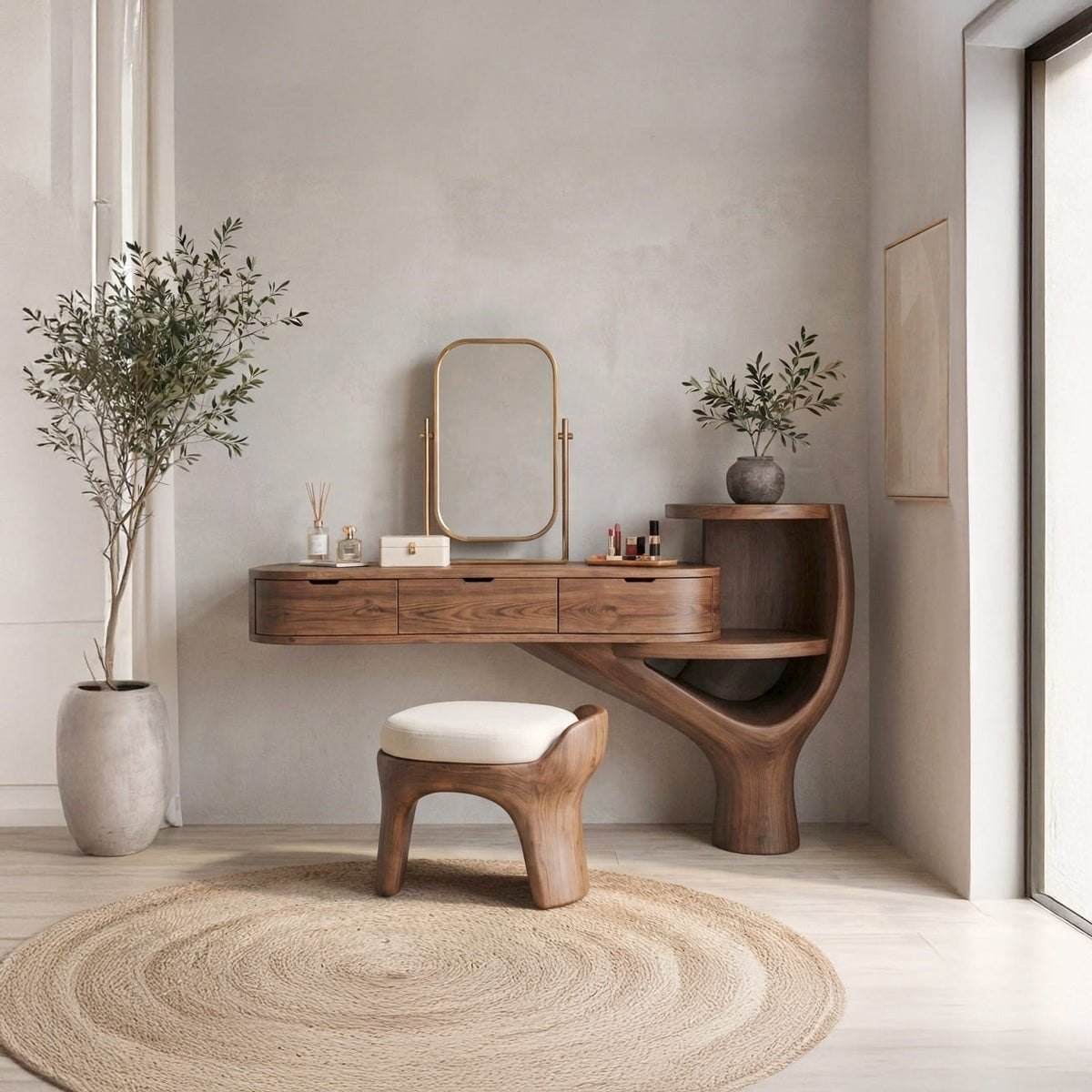 Solid wood vanity desk styled in a minimalist bedroom dressing area