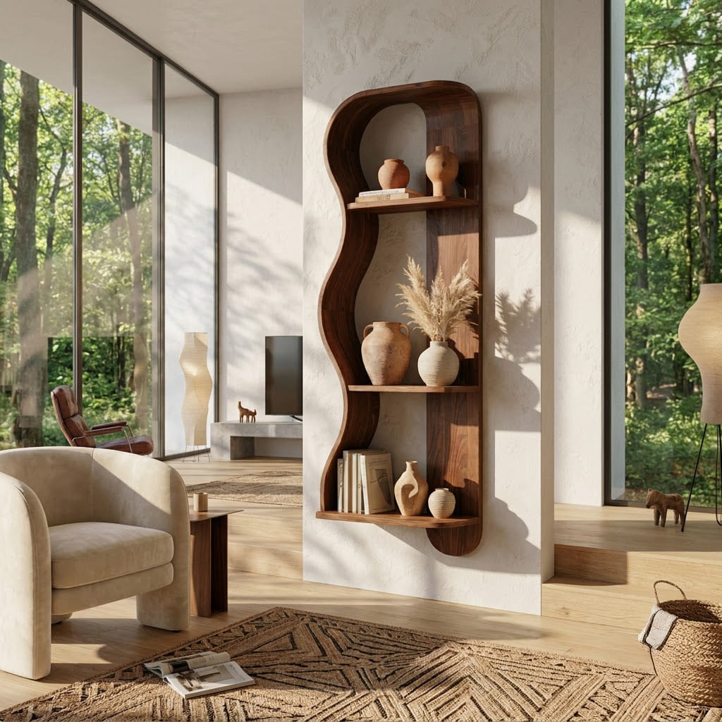 Sculptural organic wall-mounted display shelf crafted from solid wood