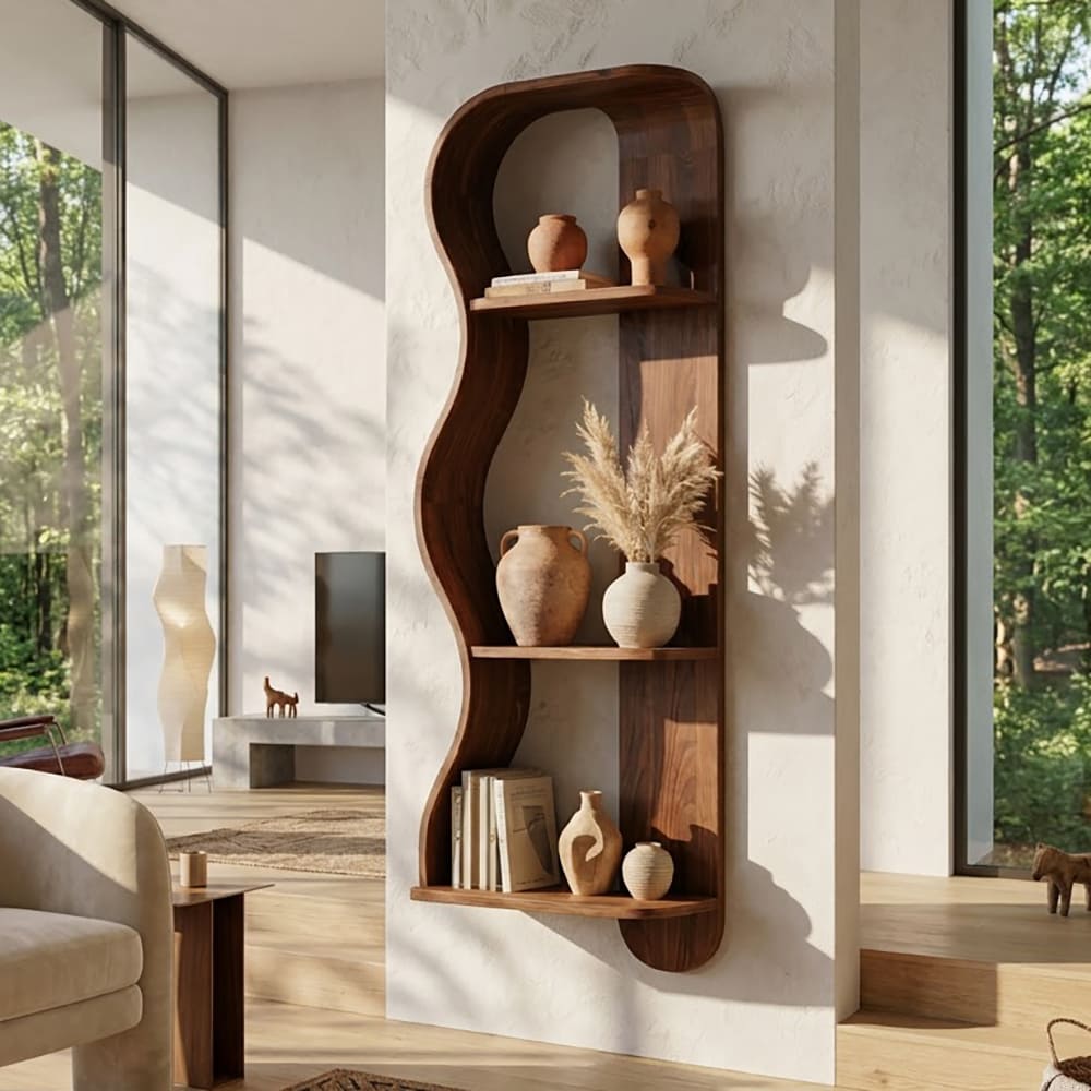 Sculptural organic solid wood wall-mounted display shelf for modern living room interiors