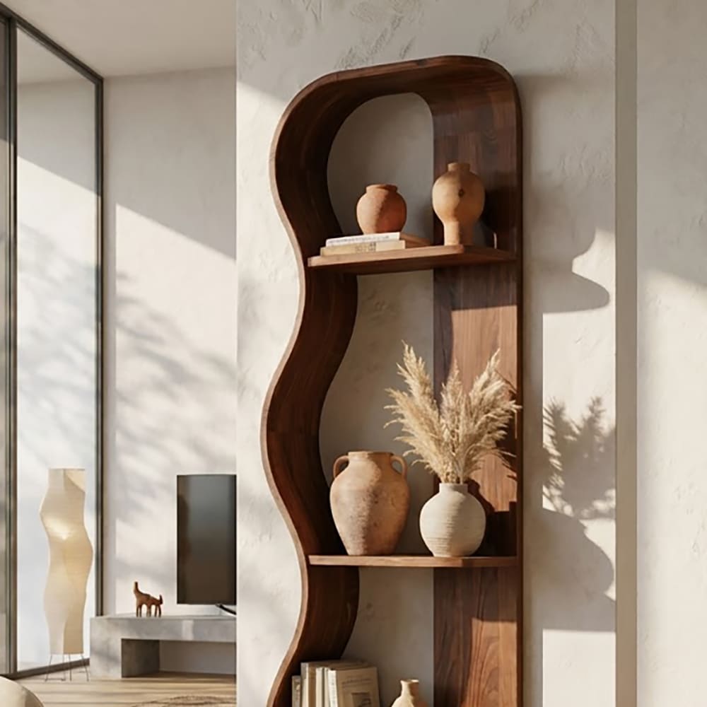 Organic wavy display shelf in solid wood with a sculptural silhouette