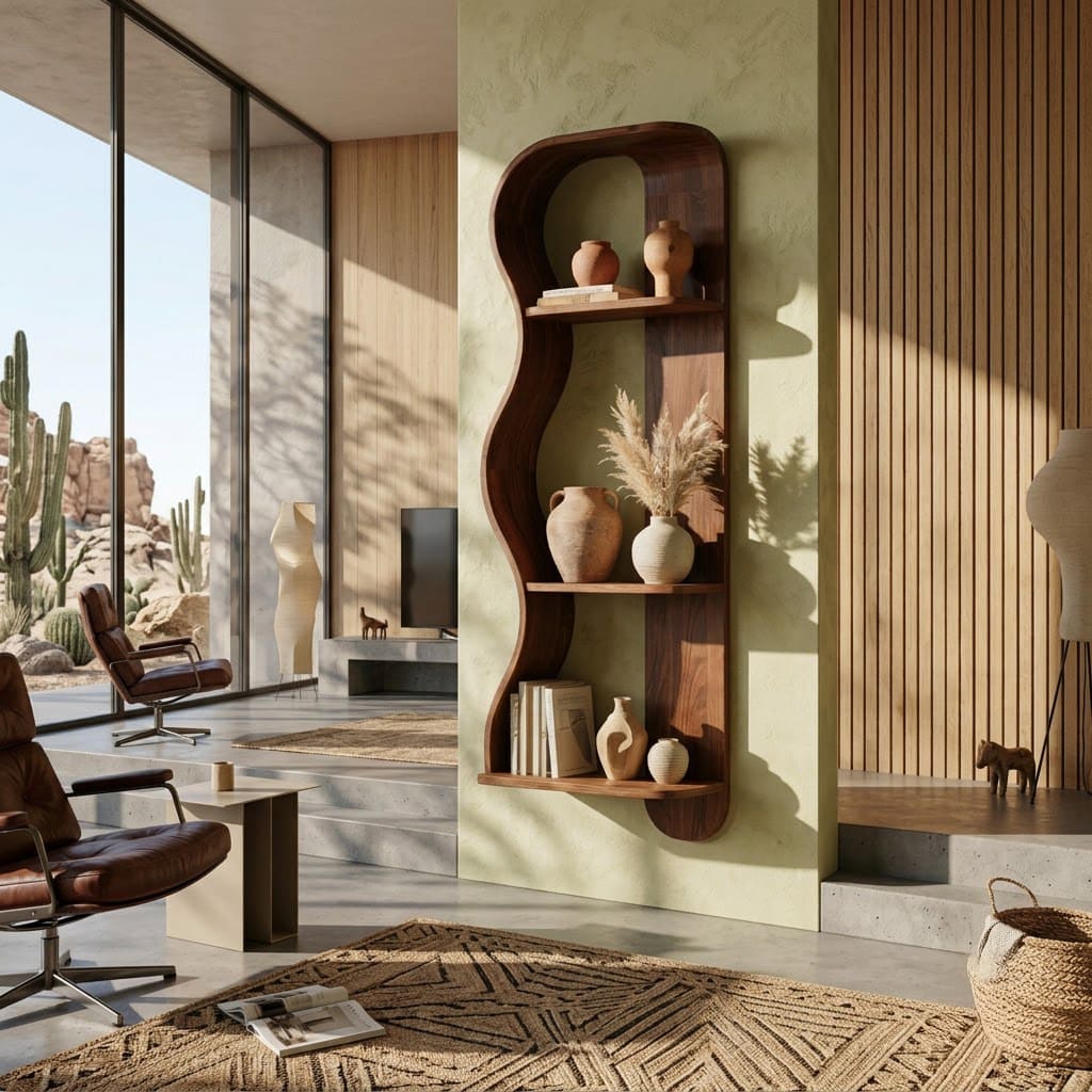 Modern solid wood wall-mounted shelf with an organic wavy silhouette for elegant home spaces