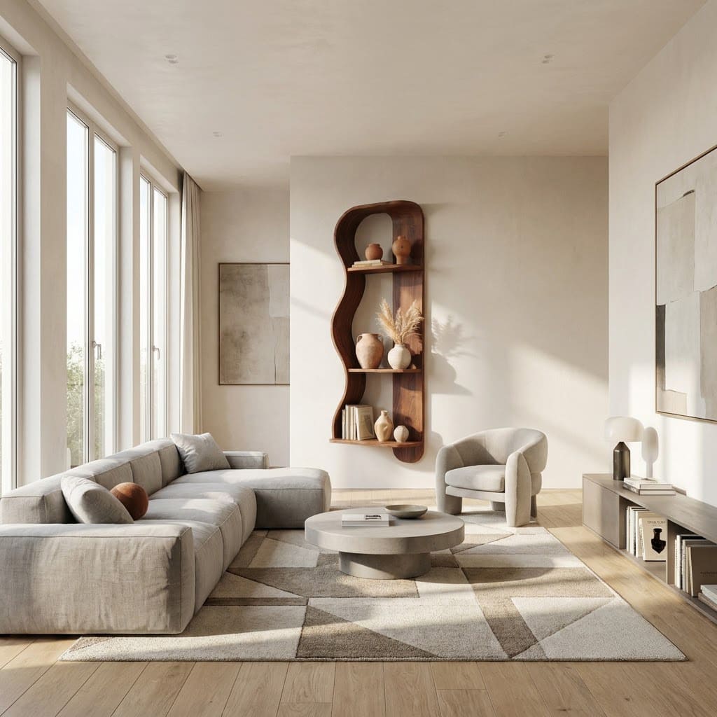 Organic solid wood display shelf with a sculptural wavy design for stylish interiors