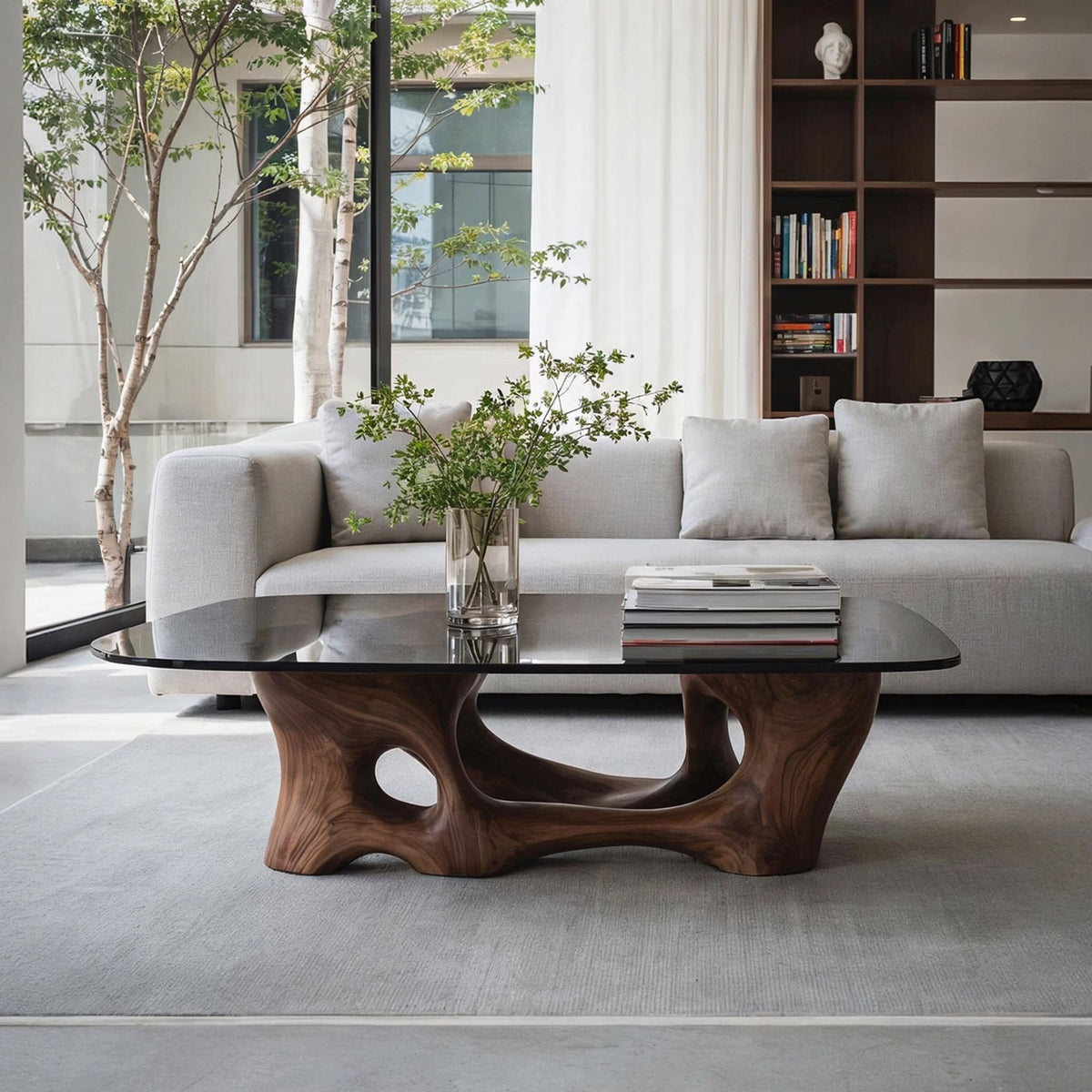 Sculptural glass top coffee table featuring an organic solid wood base