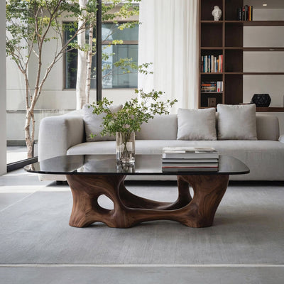 Sculptural Organic Wood Base Glass Top Coffee Table - Modern Living Room Centerpiece