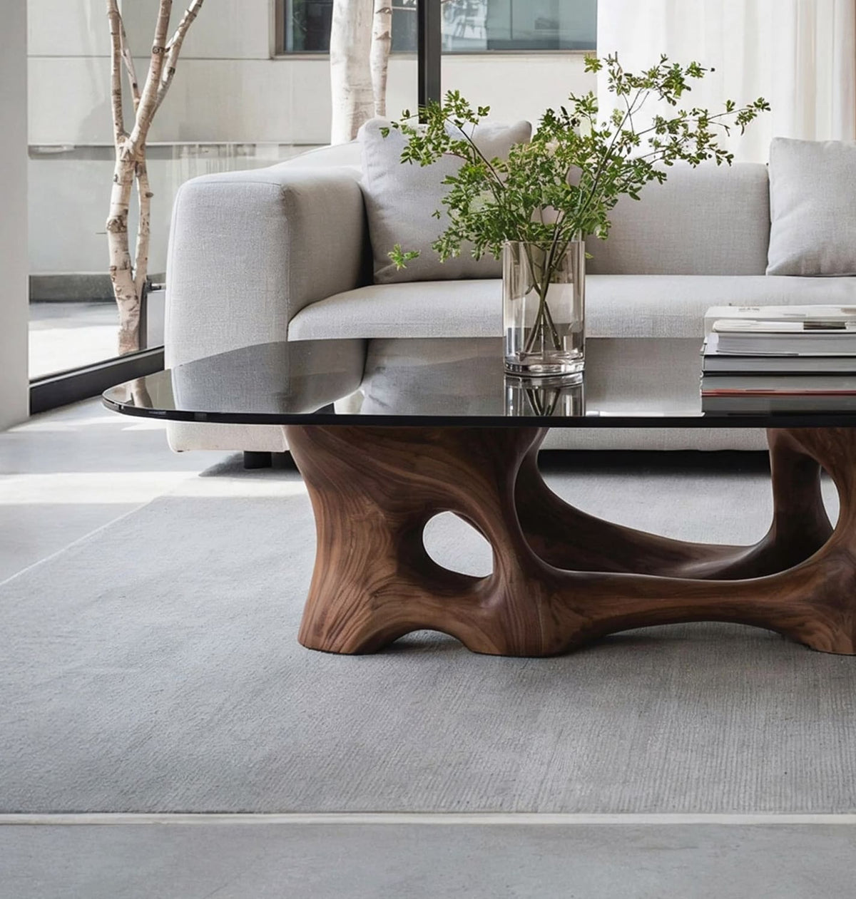 Organic modern coffee table with a handcrafted wood base and tempered glass top