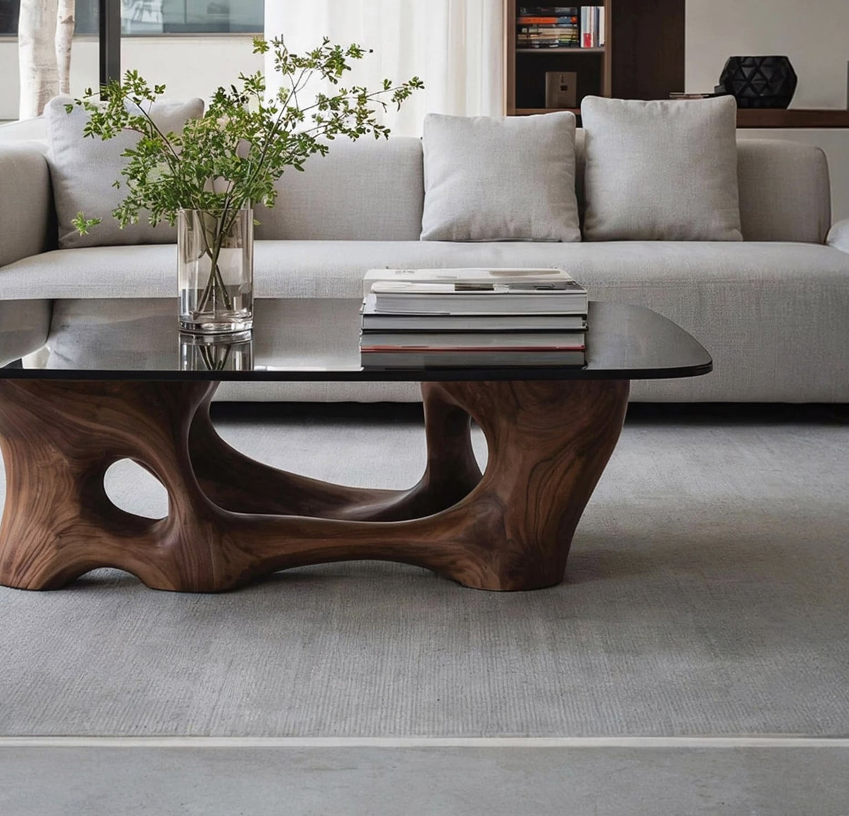 Organic modern coffee table with a handcrafted wood base and tempered glass top