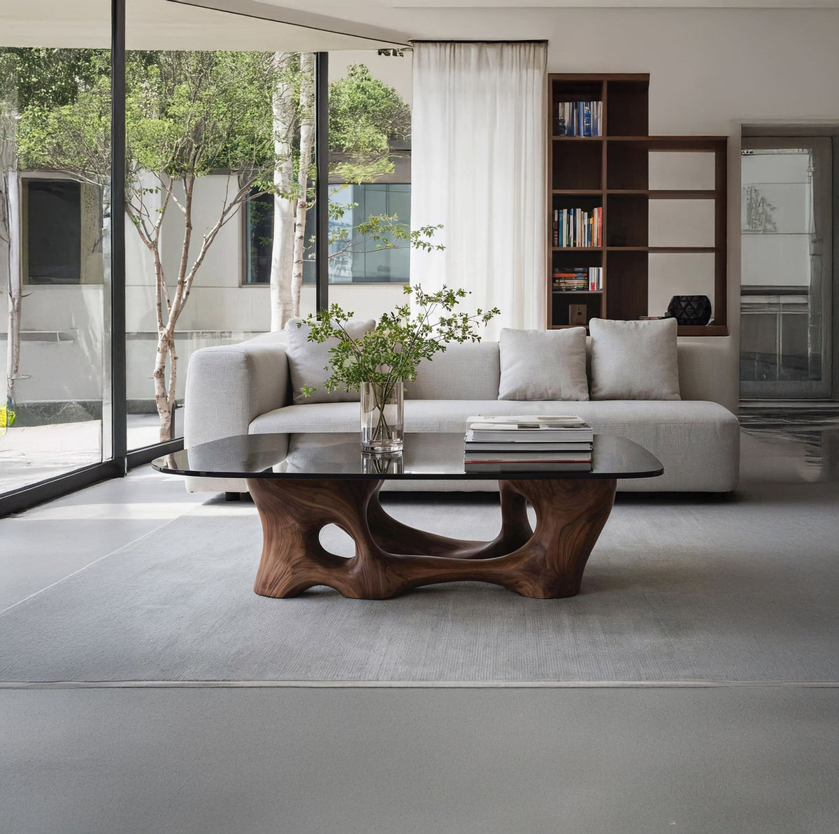 Glass top coffee table with sculptural wood base styled in a contemporary living room