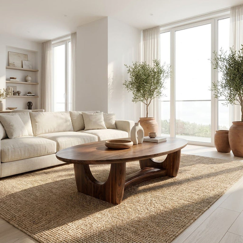 Sculptural oval coffee table crafted from solid wood with an arched cradle base