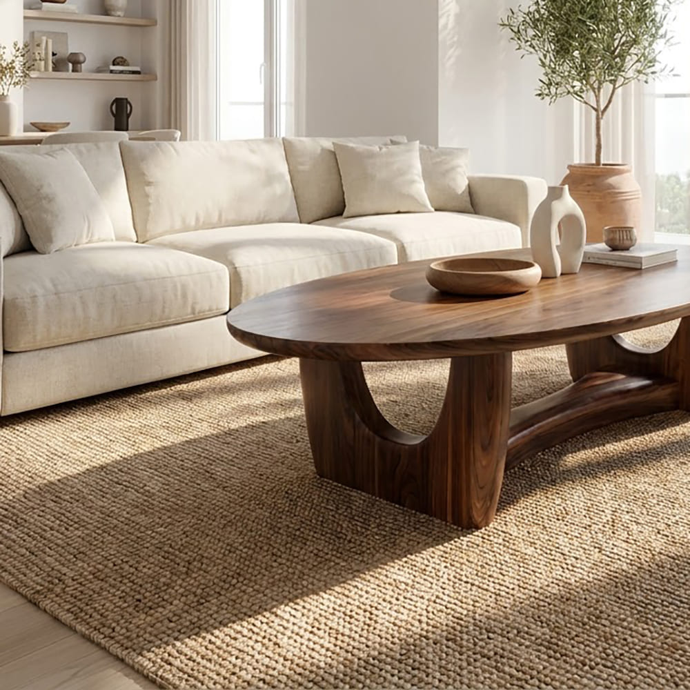 Organic oval coffee table crafted from solid wood with a curved cradle base