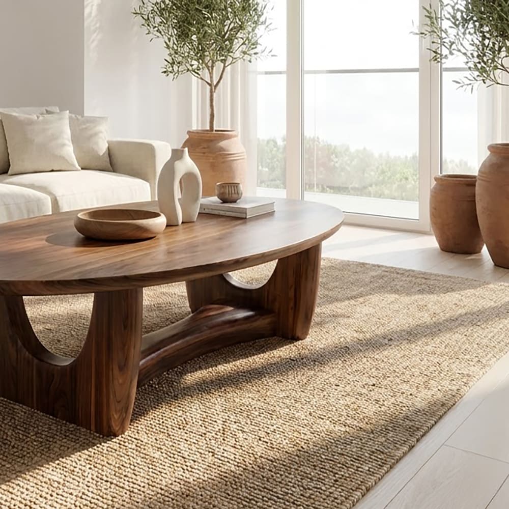 Sculptural solid wood oval coffee table with a unique arched pedestal base