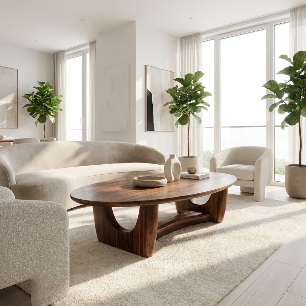 Sculptural solid wood oval coffee table with an arched cradle base for modern living rooms