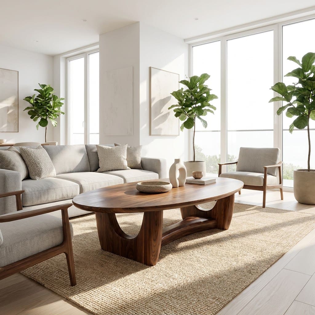 Organic solid wood oval coffee table with a curved cradle base for contemporary living spaces