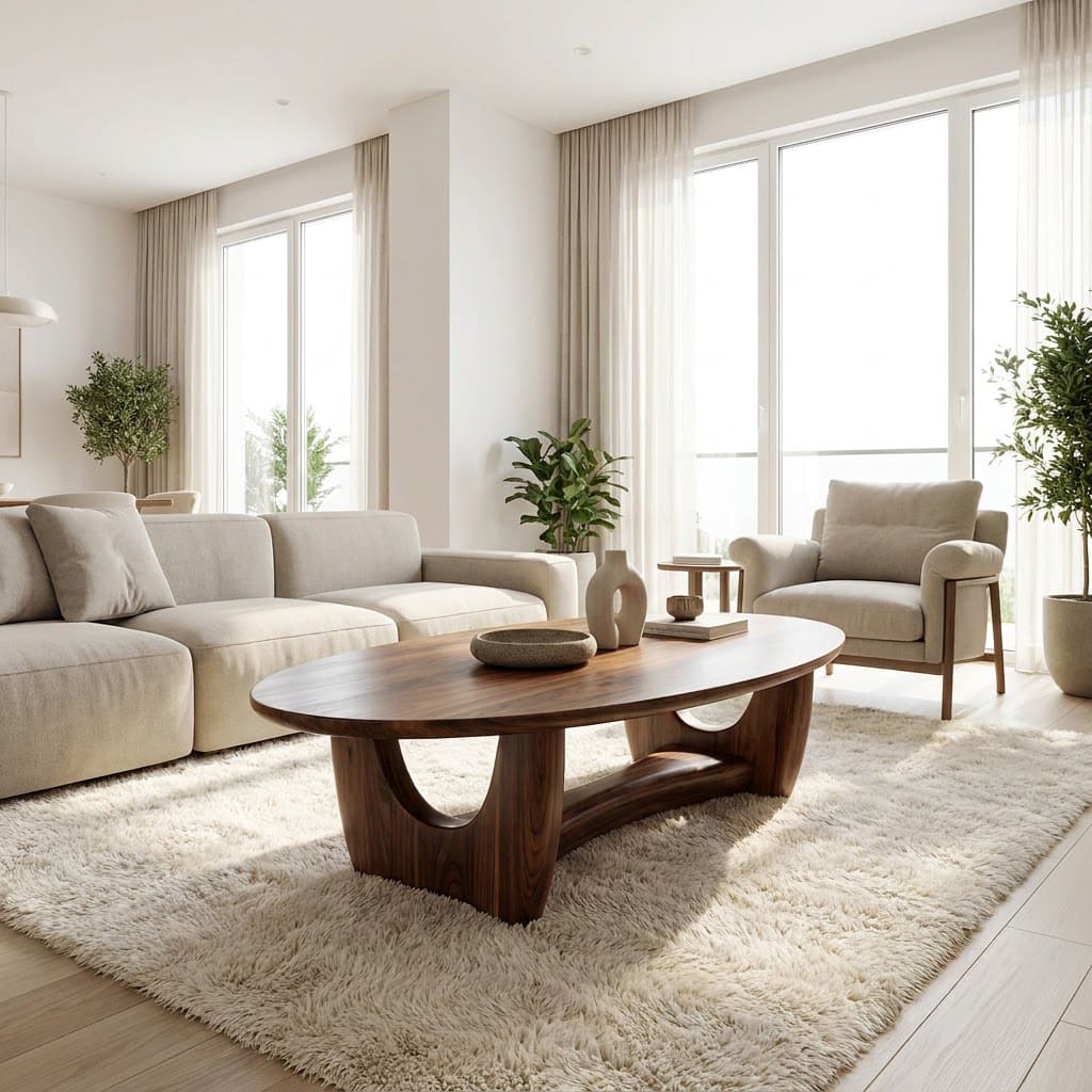 Modern solid wood oval coffee table with a flowing cradle-style base for elegant living rooms