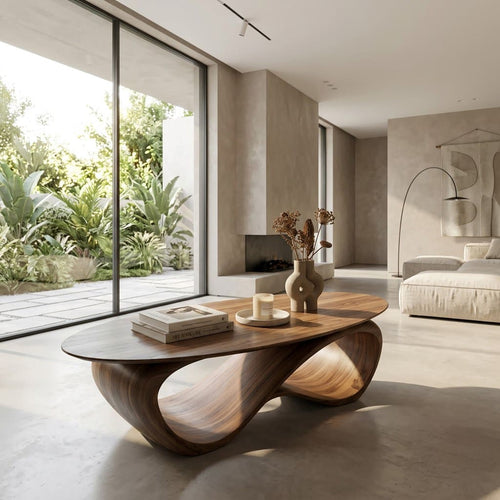Sculptural Oval Solid Wood Coffee Table with Continuous Infinity Wave Base
