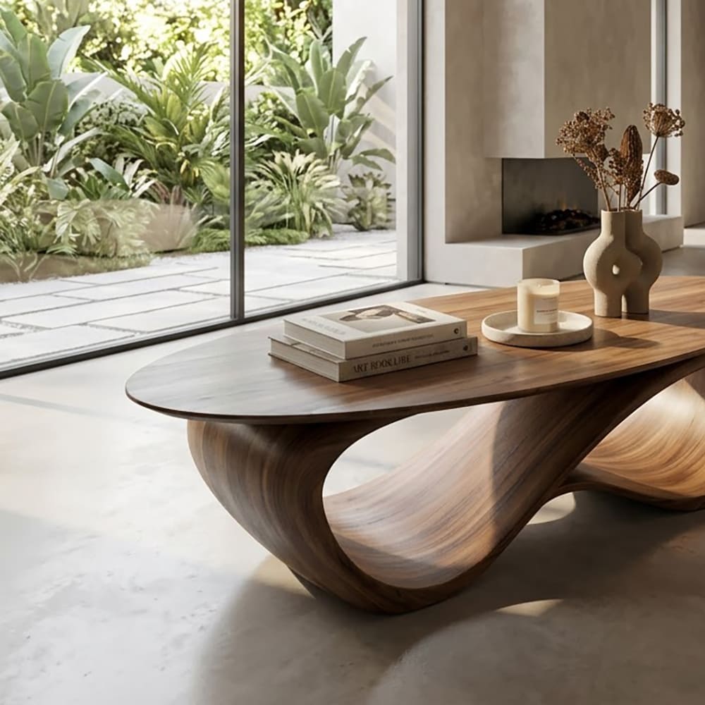 Organic oval coffee table crafted from solid wood with an infinity wave base