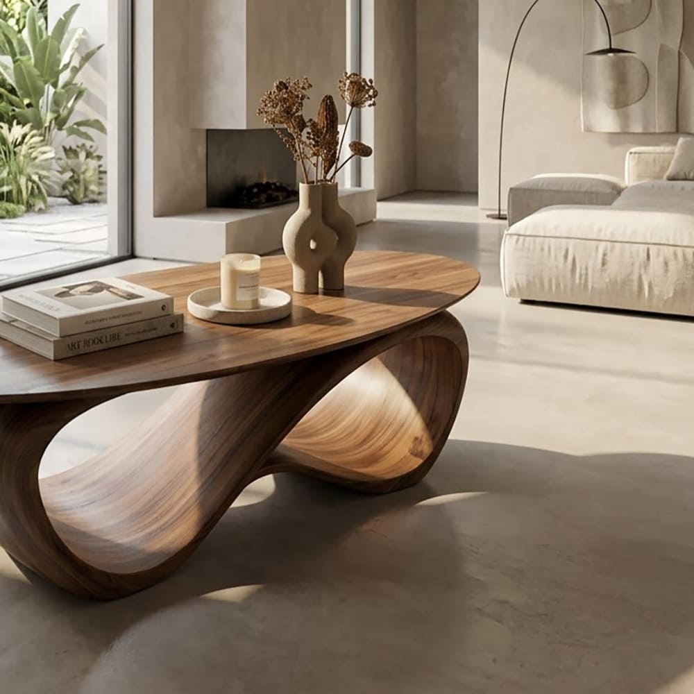 Sculptural oval coffee table in solid wood with a continuous wave base