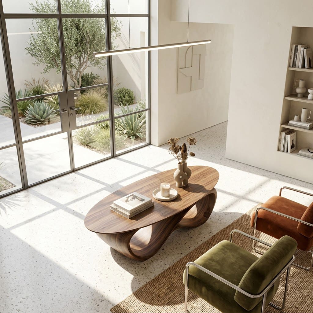 Sculptural solid wood oval coffee table with an infinity-inspired base for stylish home interiors