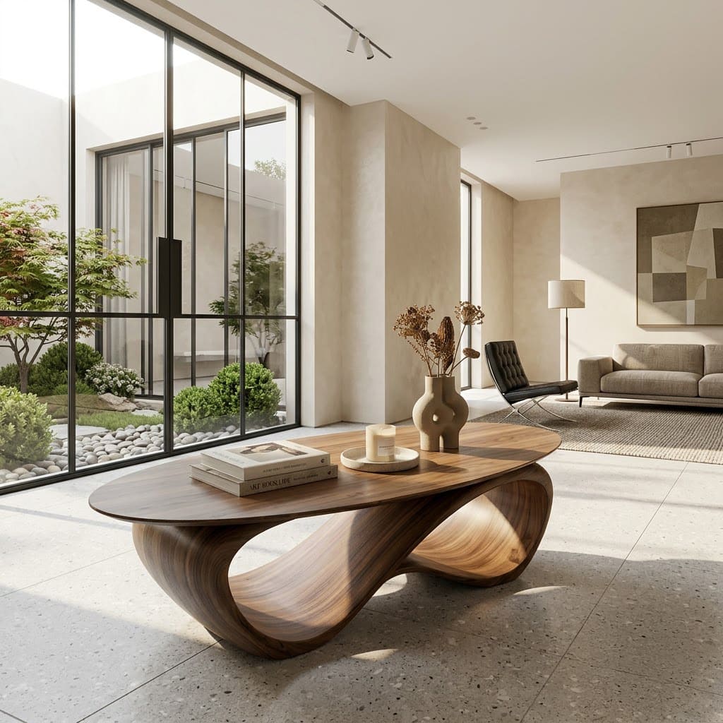 Sculptural solid wood oval coffee table with a continuous infinity wave base for modern living rooms