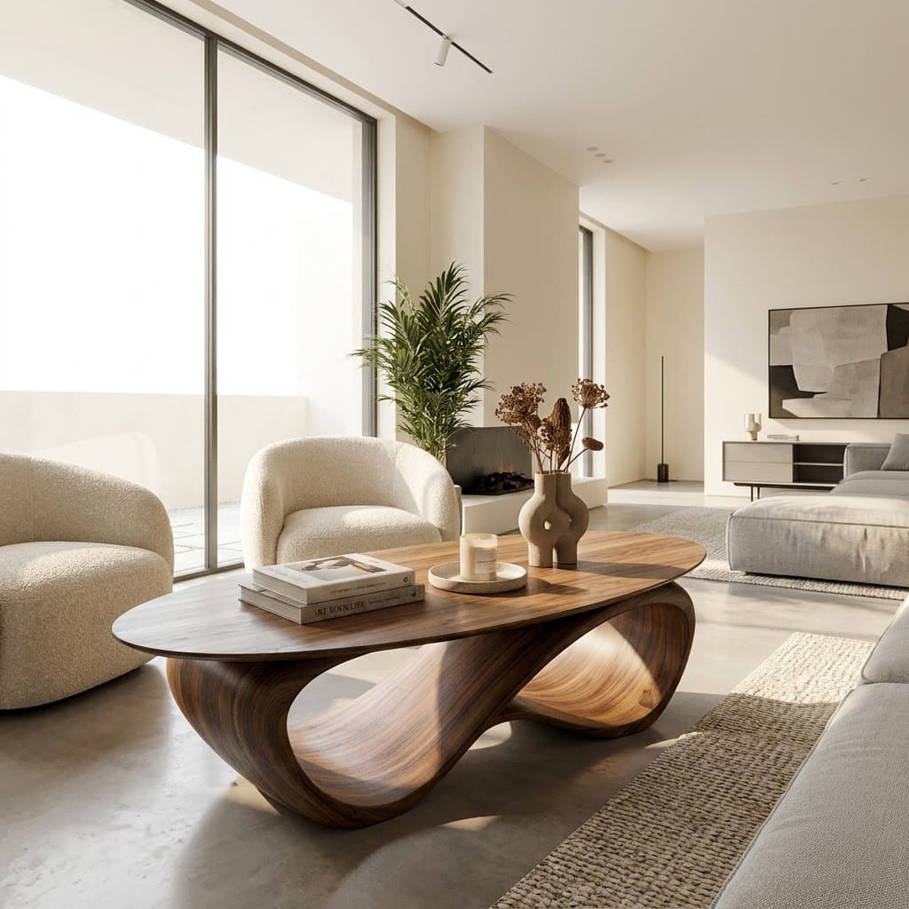 Modern solid wood oval coffee table with a continuous wave pedestal base for elegant living rooms