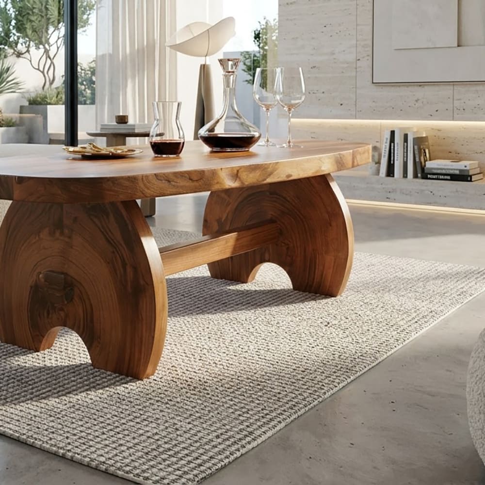 Sculptural solid wood coffee table with an oval slab top and curved pedestal base