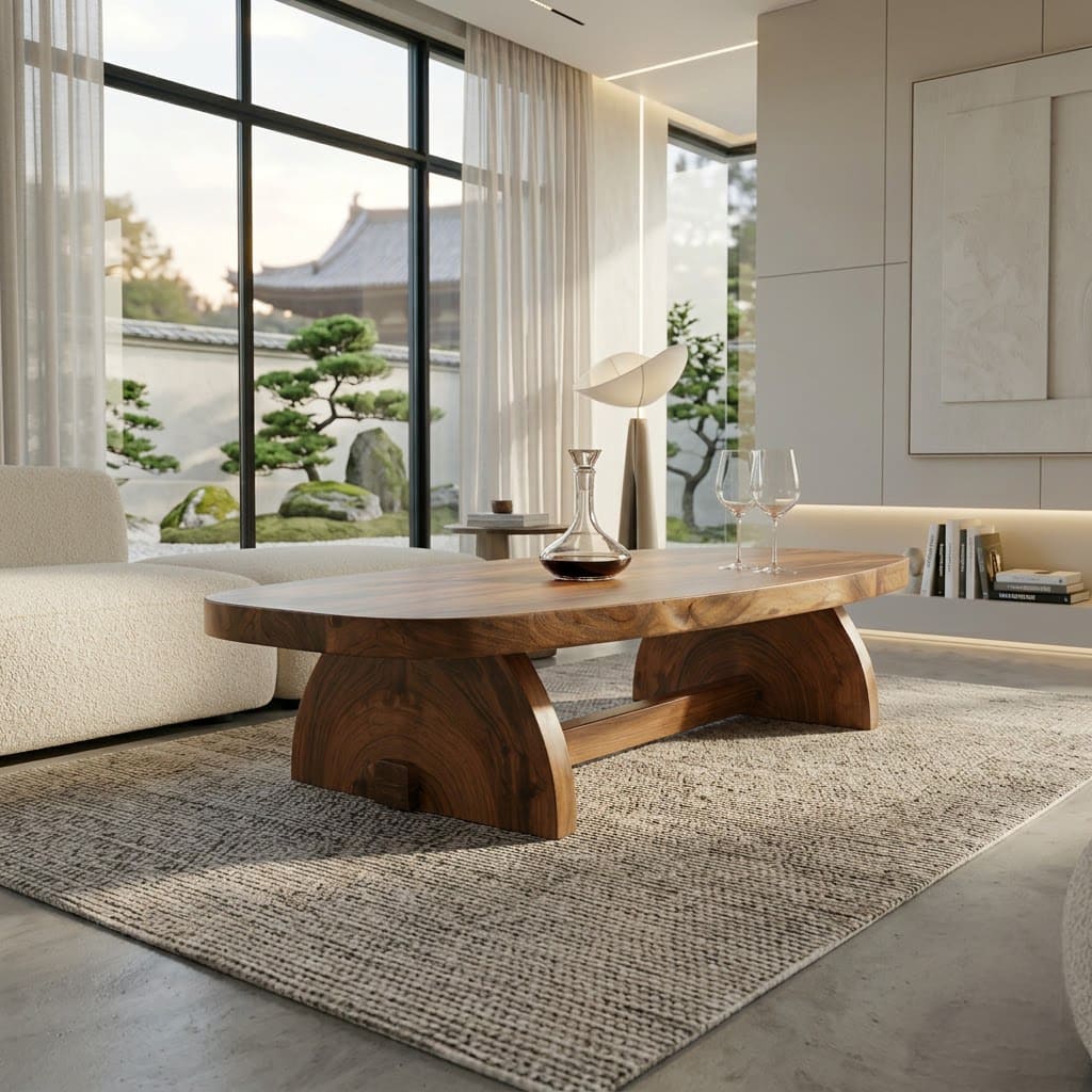 Sculptural oval solid wood slab coffee table with a crescent pedestal base for modern living rooms