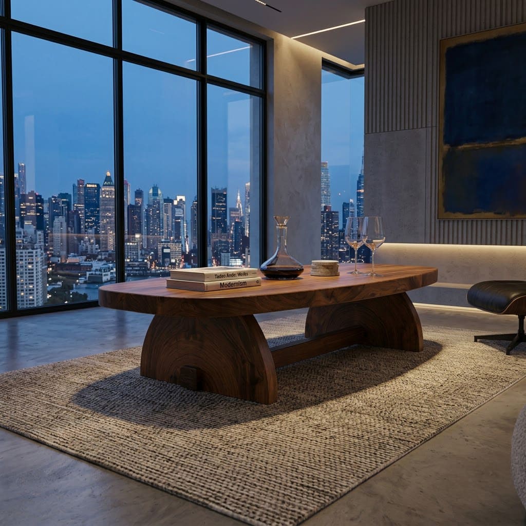 Sculptural solid wood slab coffee table with an oval top for stylish modern living spaces
