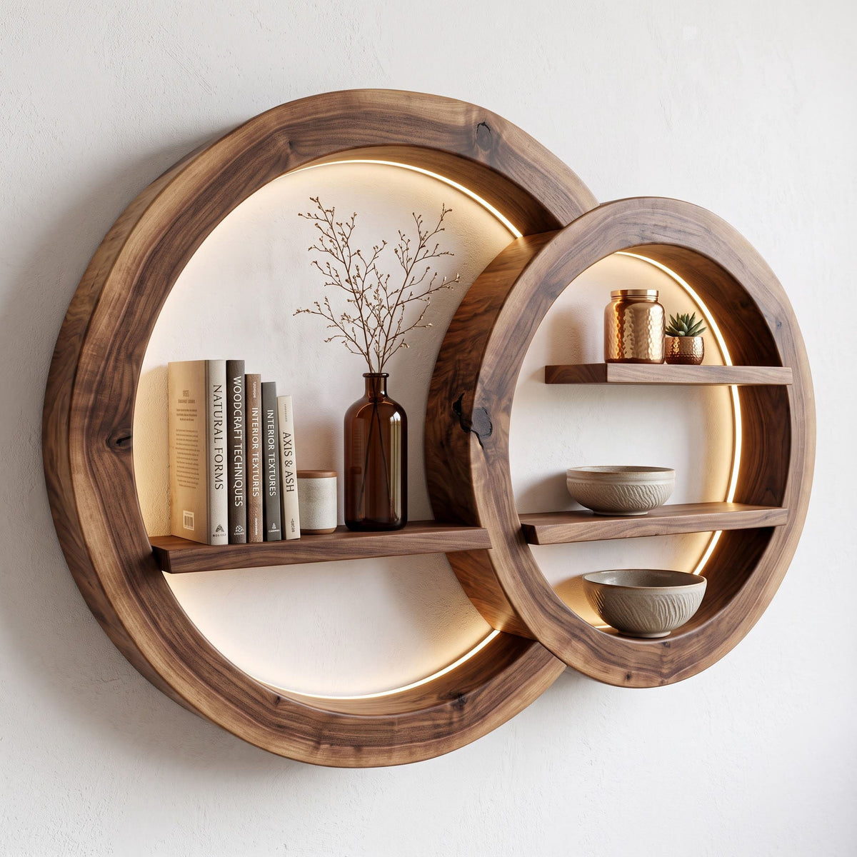 Sculptural overlapping circular wall shelf in solid wood