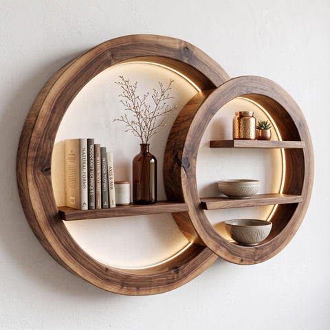 Sculptural overlapping circular wall shelf in solid wood
