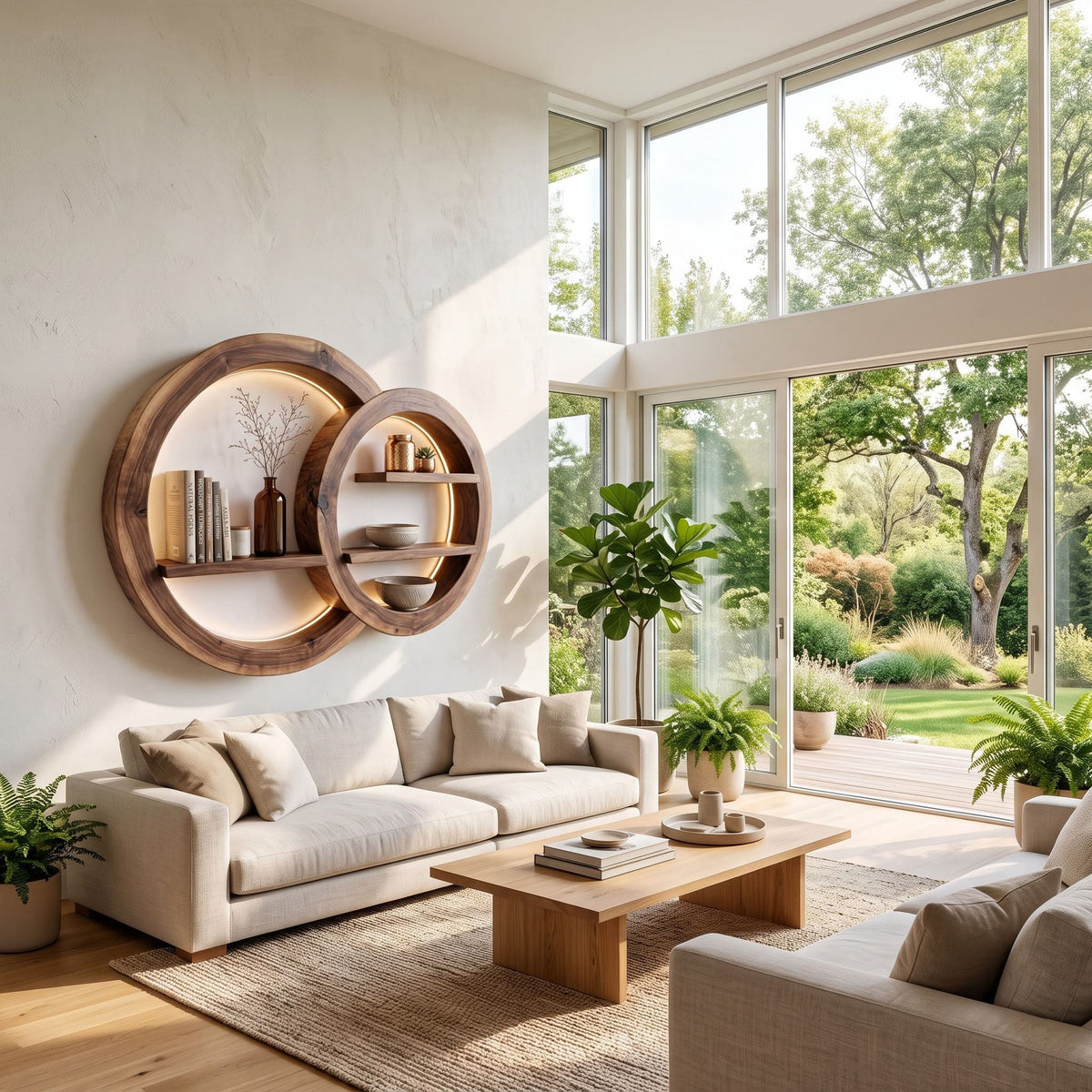 Sculptural overlapping circular solid wood wall shelf in a contemporary living room
