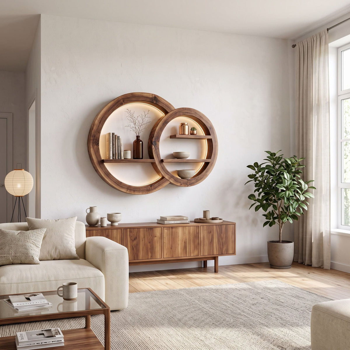 Sculptural solid wood layered shelf enhancing a contemporary living space