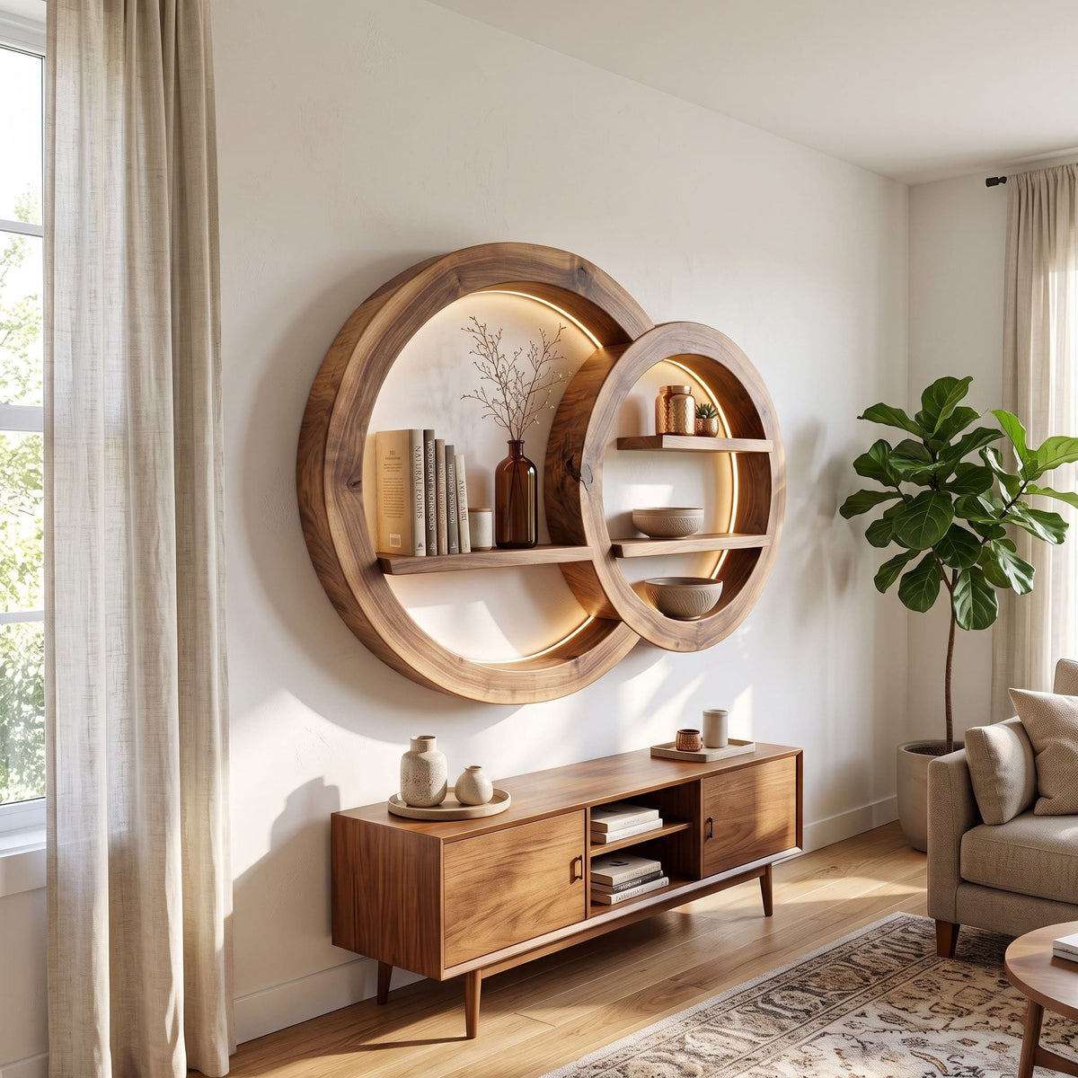 Overlapping circular solid wood shelf showcased as a statement wall display