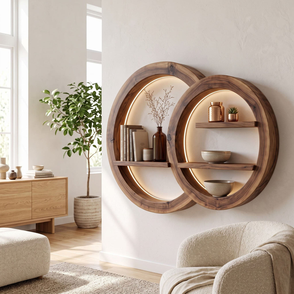 Multi-tier solid wood wall shelf styled in an elegant modern interior
