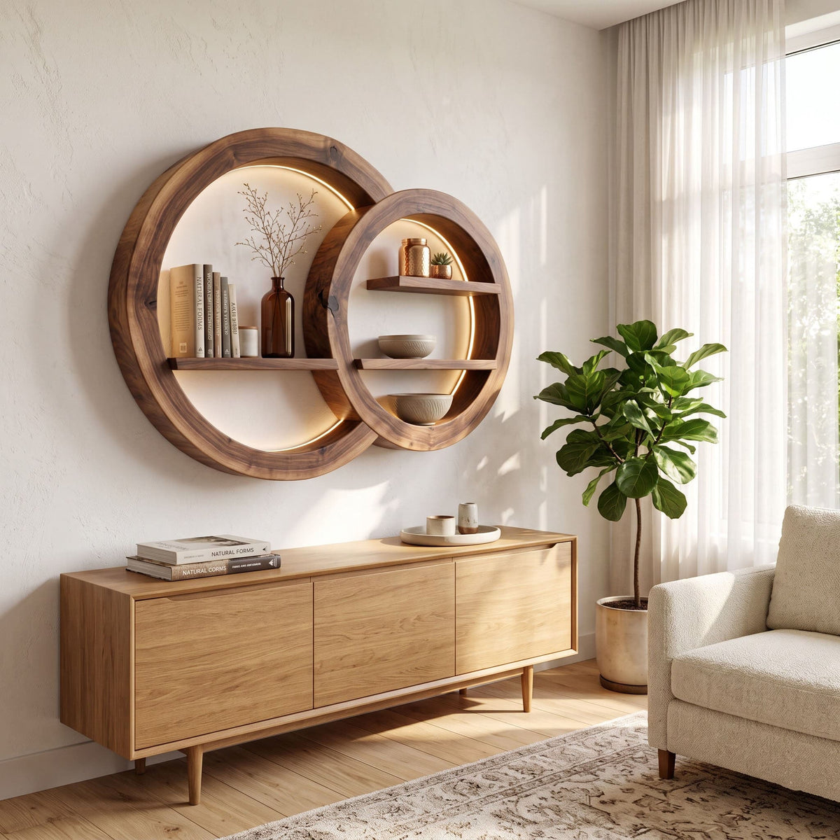 Multi-tier solid wood wall shelf styled in an elegant modern interior