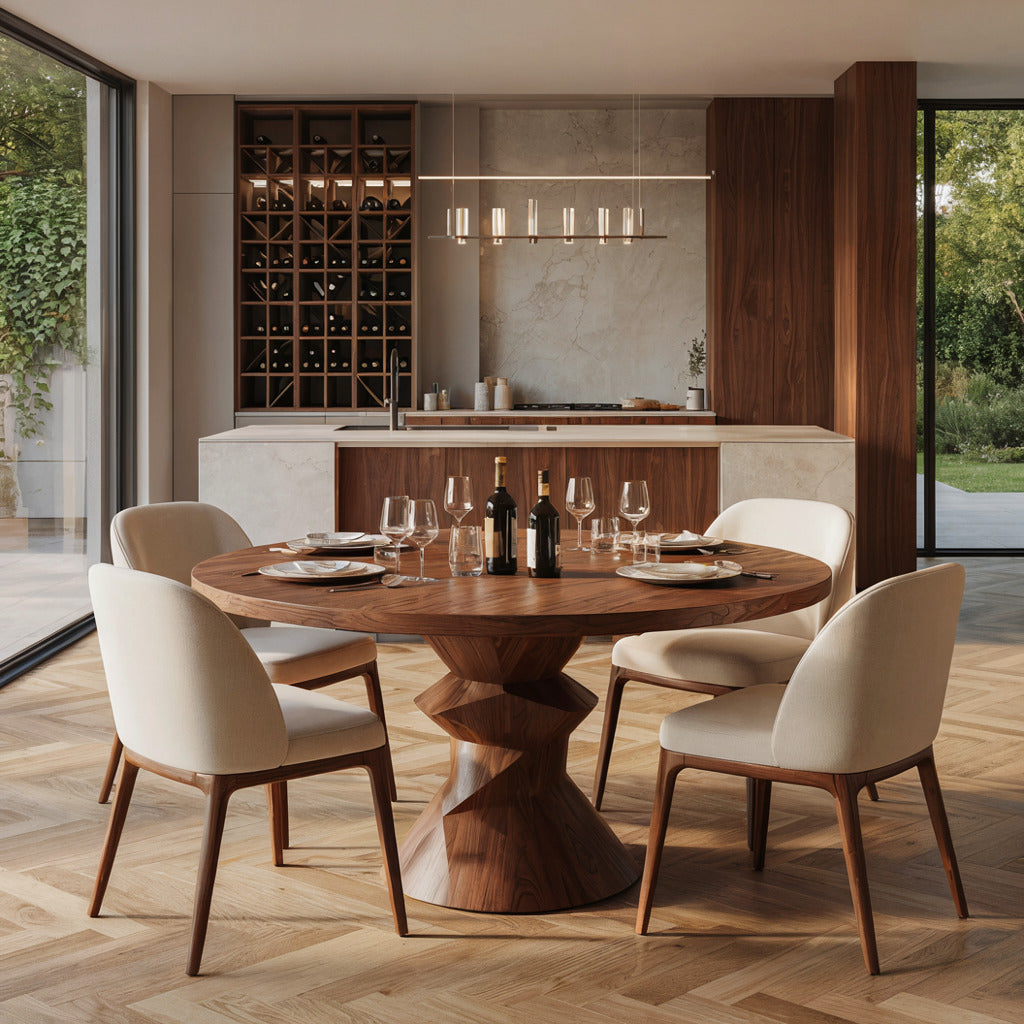 Sculptural pedestal solid wood round dining table in a modern dining room