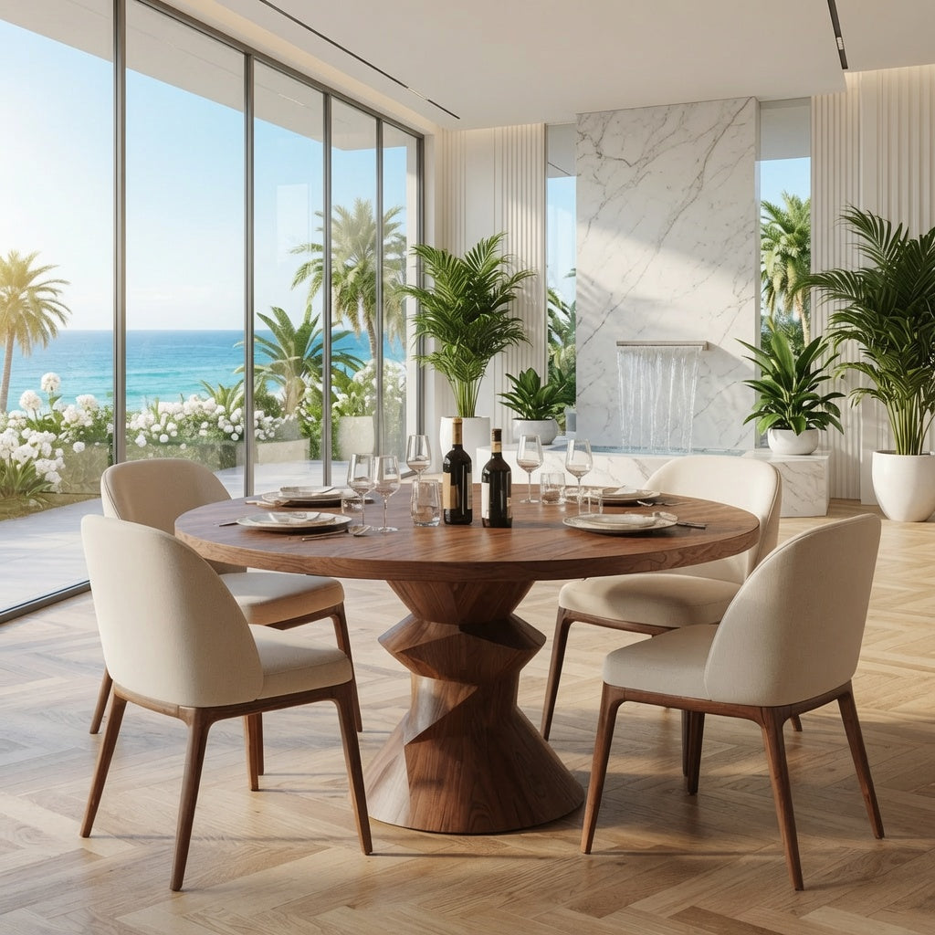 Artisan sculptural dining table serving as the centerpiece of a luxury dining room