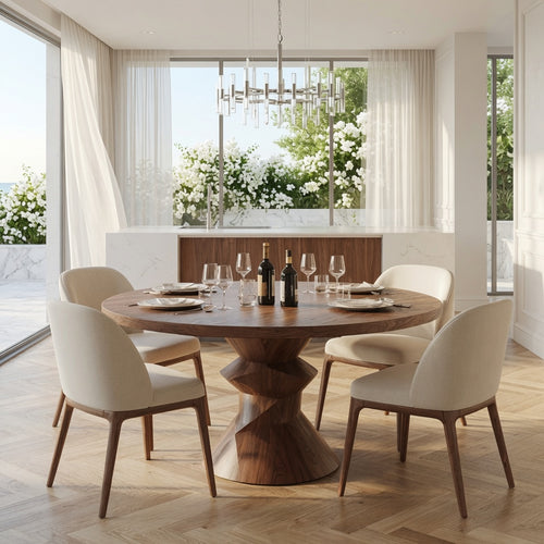 Sculptural Pedestal Solid Wood Round Dining Table - Organic Modern Centerpiece