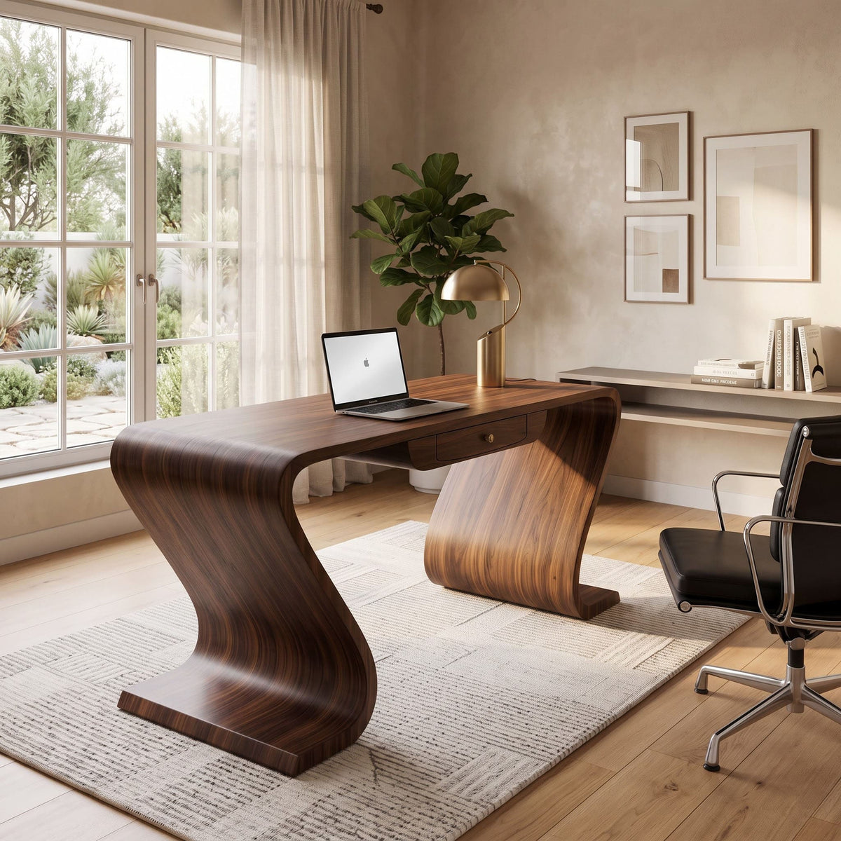 Sculptural ribbon curve executive desk in solid wood