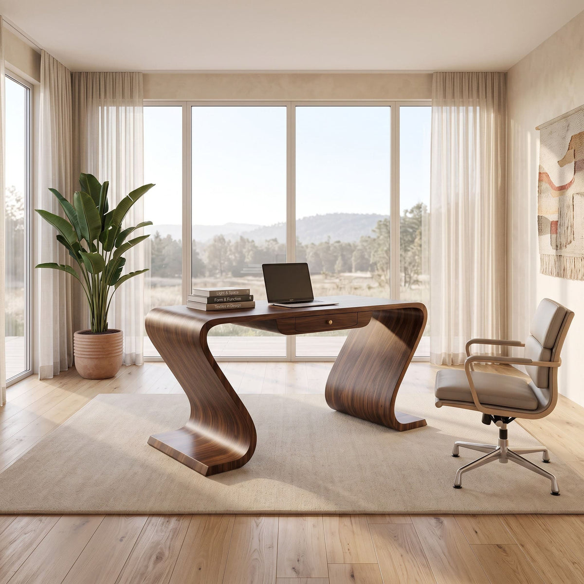 Sculptural ribbon curve solid wood executive writing desk in a contemporary home office