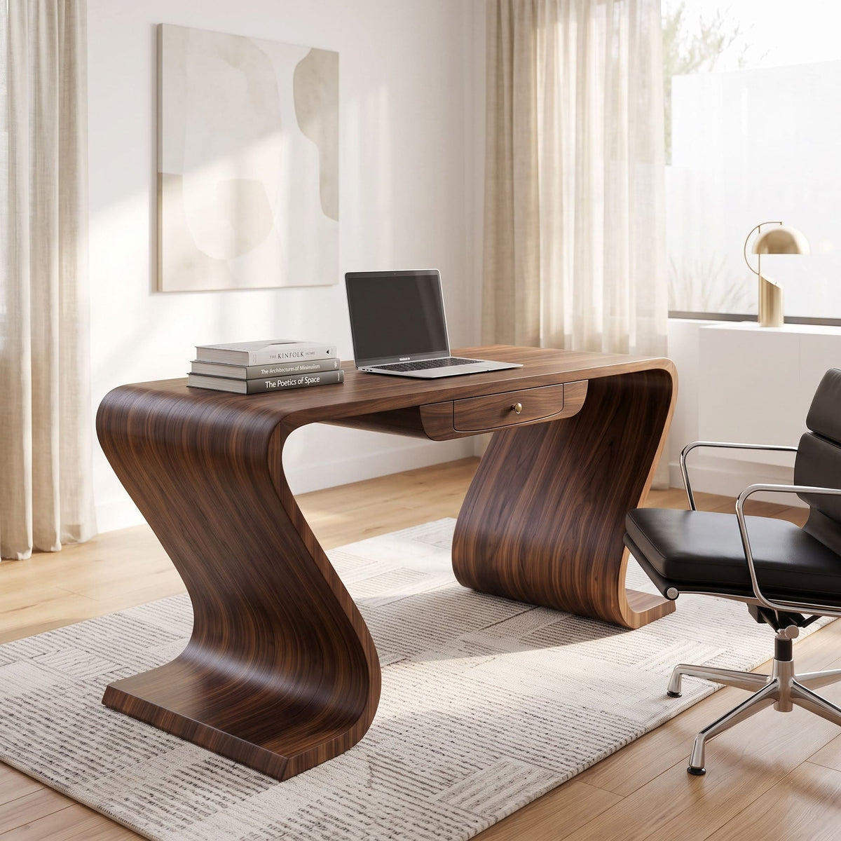 Solid wood executive desk with concealed drawer styled in a modern workspace