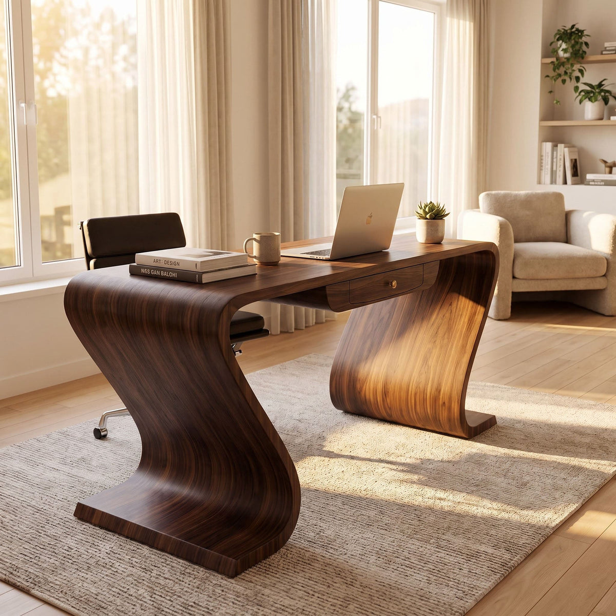 Organic solid wood ribbon curve desk displayed in a minimalist study