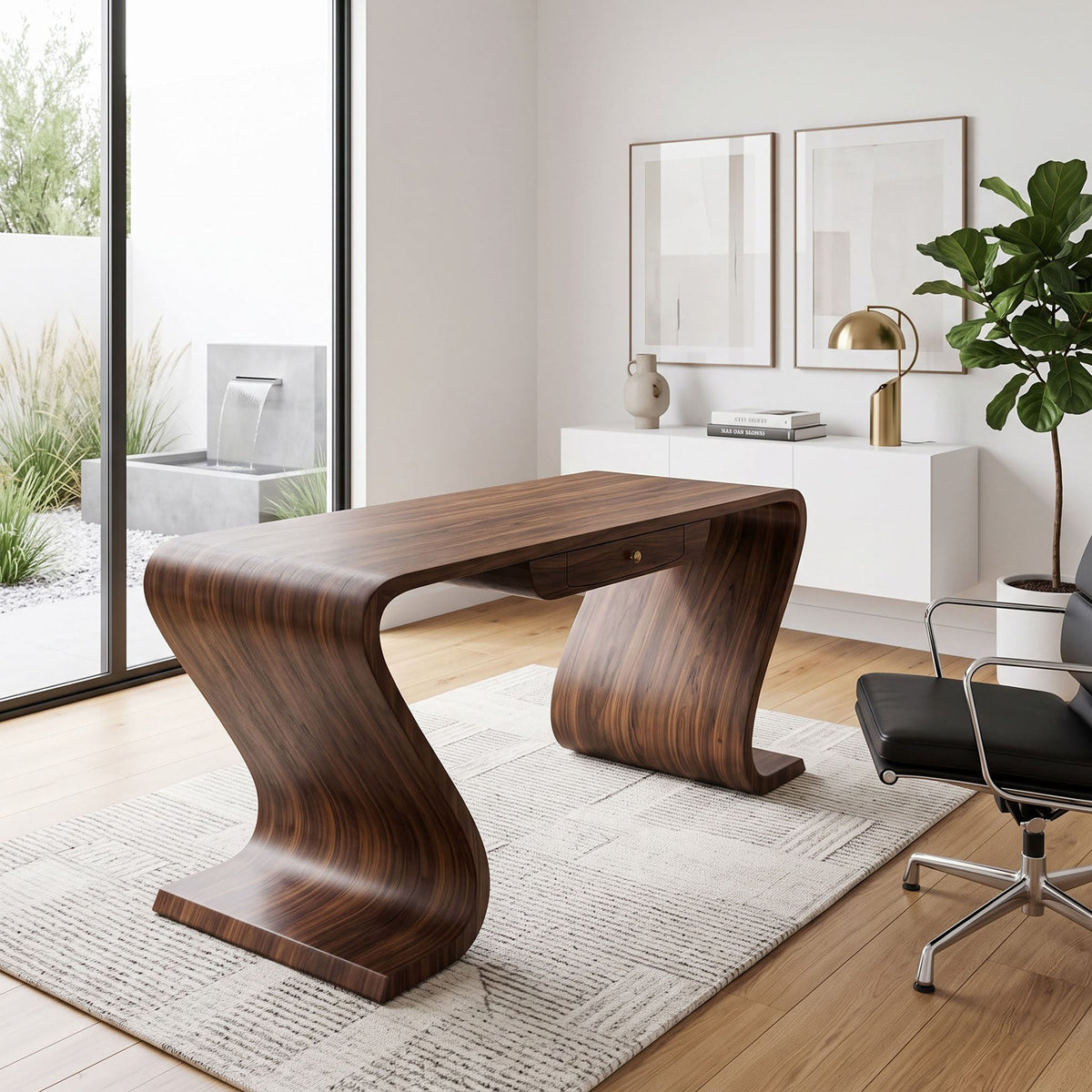Sculptural solid wood writing desk enhancing a contemporary executive office