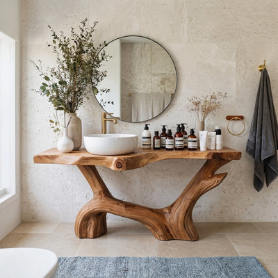 Sculptural Root Live Edge Solid Wood Vanity - Organic Bathroom Sink Table