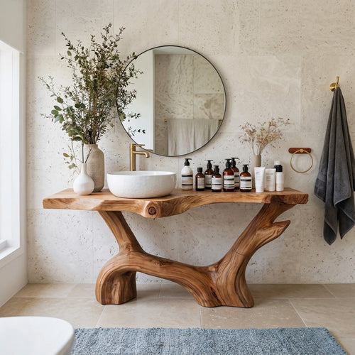Sculptural Root Live Edge Solid Wood Vanity - Organic Bathroom Sink Table