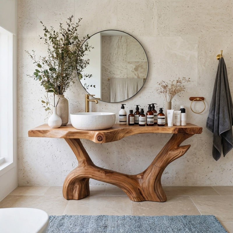 Sculptural root live edge bathroom vanity in solid wood