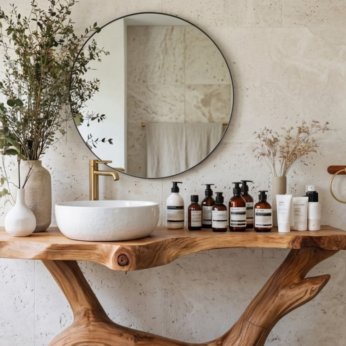Rustic sculptural root wood vanity crafted from solid wood