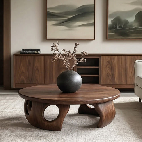 Sculptural Round Solid Wood Coffee Table – Organic Modern Japandi Centerpiece