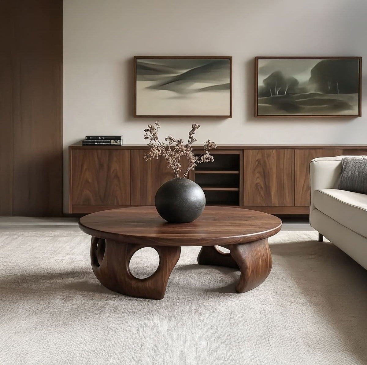 Solid wood Japandi coffee table displayed as a centerpiece in a minimalist living room