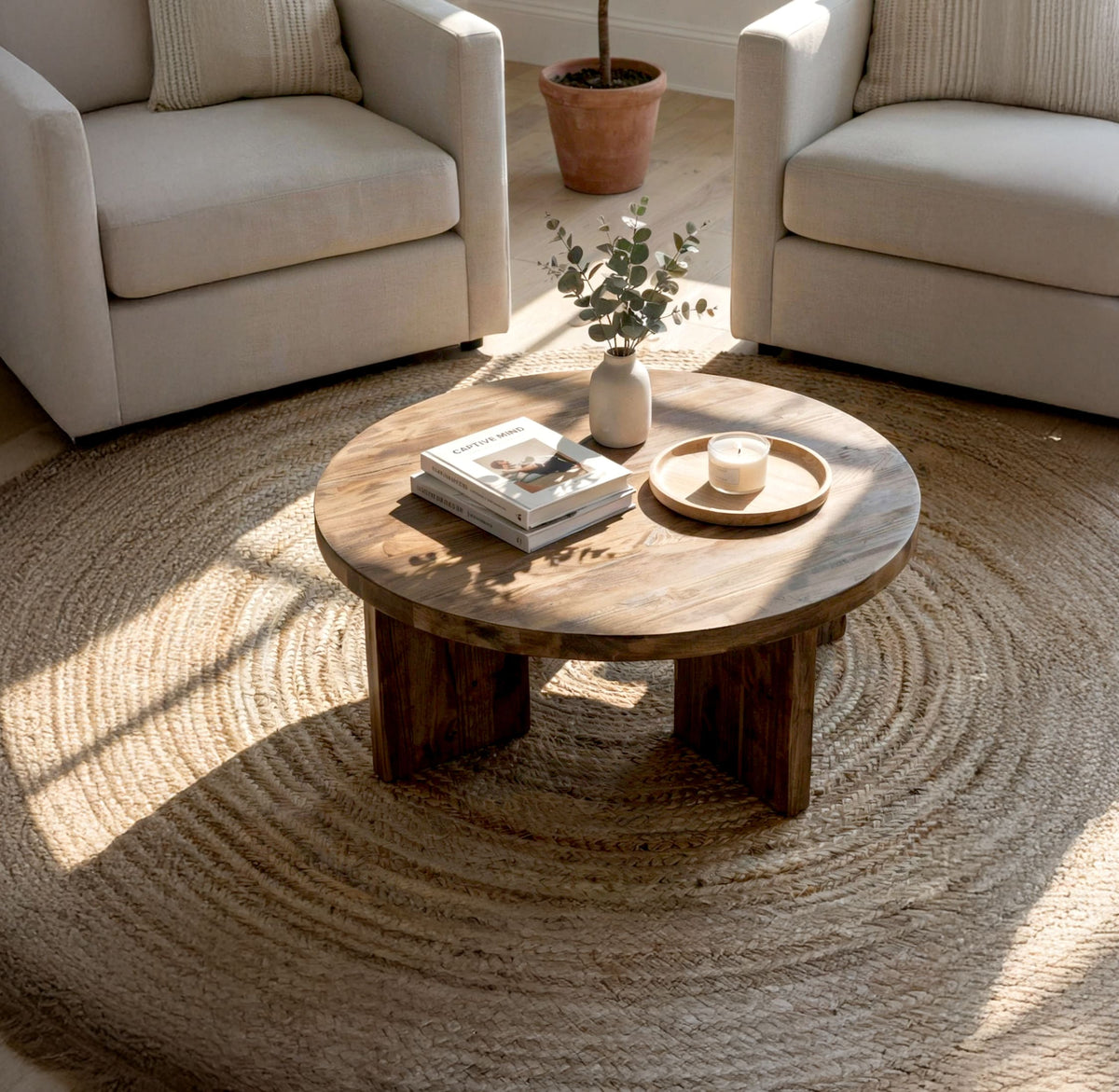 Sculptural round coffee table crafted from premium solid wood in Japandi style